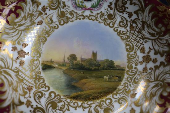 A rare pair of George Grainger & Co. Worcester topographical dessert comports, c.1846, firing fault to sky above tower, height 14cm